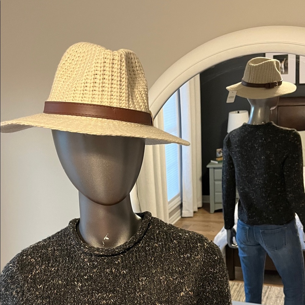 Beige Woven Hat with Brown Band